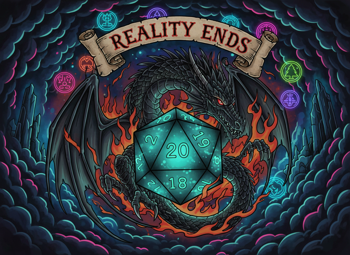 Moody, gothic fantasy illustration of a dragon wrapped around a glowing D20 tabletop dice in mid‑air, with fire and subtle Magic: The Gathering–inspired mana symbols in the background. The D20 is anatomically correct, with only the numbers 1–20 on its faces and the face showing the number 20 turned toward the viewer. Old‑school tattoo style scroll reading “Reality Ends” across the scene, dark background with neon highlights. No animation, no extra symbols or letters on the dice faces.